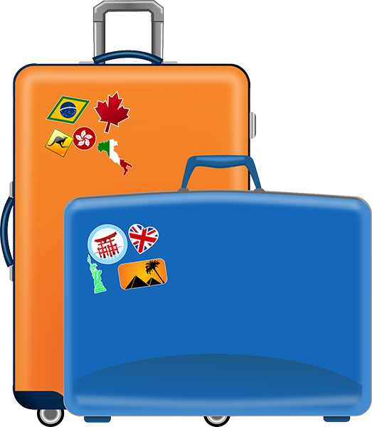 Oranssi ja sininen piirretty matkalaukku, joihin on liimattu matkakohteista kertovia tarroja.