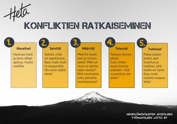 Kuvassa on taustalla korkean vuoren huippu sekä tekstinä konfliktien ratkaisemisen viisi vaihetta: havaitse, selvitä, määritä, toteuta, tsekkaa