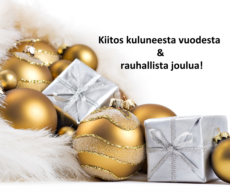 Kultaisia joulupalloja ja hopeisia paketteja sekä teksti: Kiitos kuluneesta vuodesta ja rauhallista joulua!