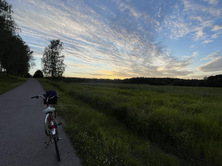 Pyörä parkkeetattuna tien laitaan. Taustalla nurmea ja puita sekä auringonlaskun sävyjä.